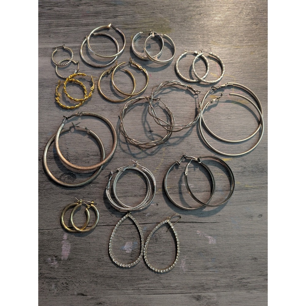 13 Pair Hoop Earring Lot Silver Gold Tone Textured Rhinestone Teardrop Set